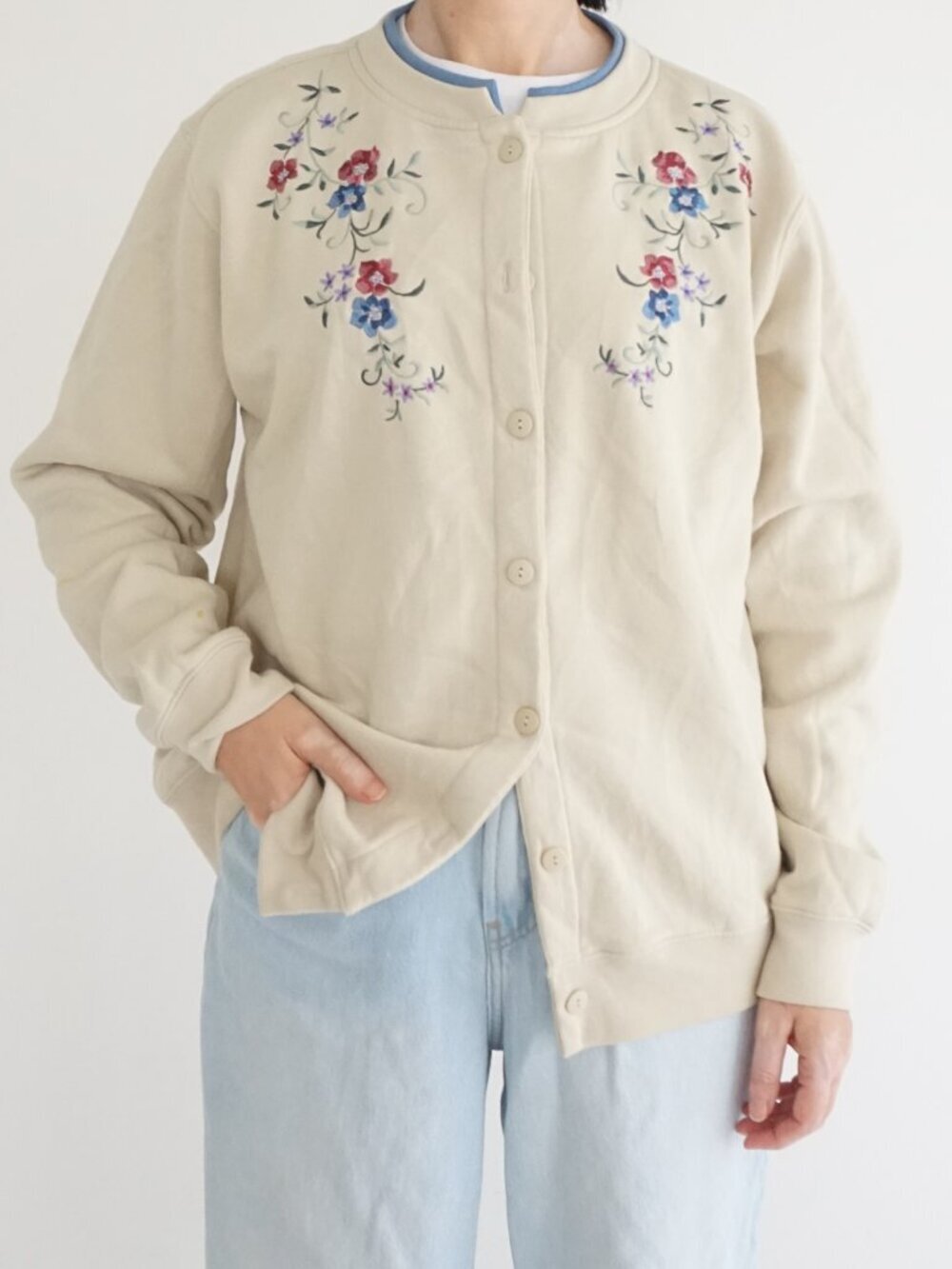 Vintage Shenanigans Beige Floral Embroidered Button Sweatshirt Cardigan L